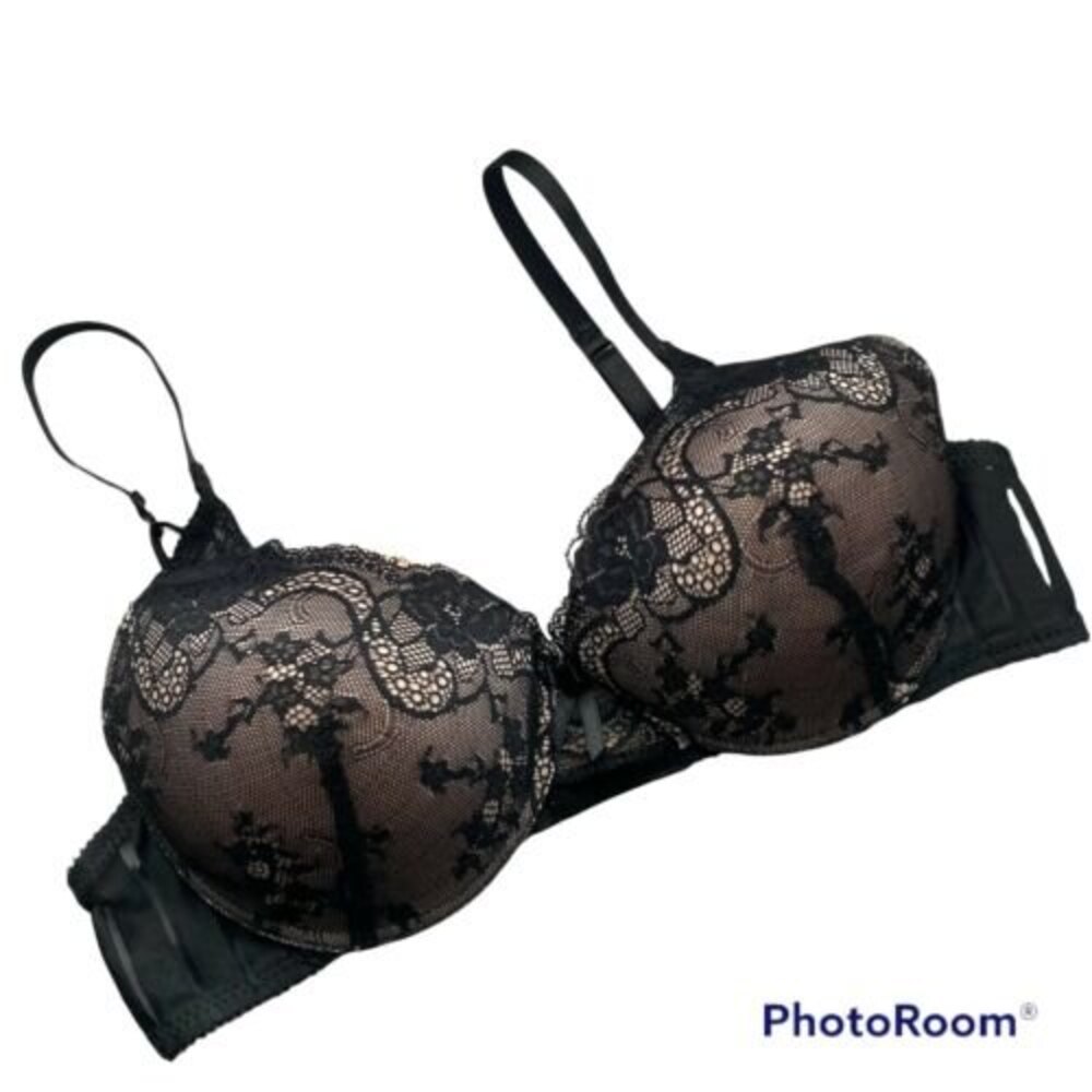 Felina Womens Bra 38C Black Lace over Beige Plunge Underwire Padded
